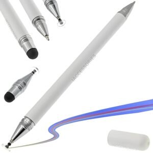 iAccessories 3-in-1 Stylus Pen - Fine Point Silicon Disc Tip, Round Tip, Ballpoint Pen - White
