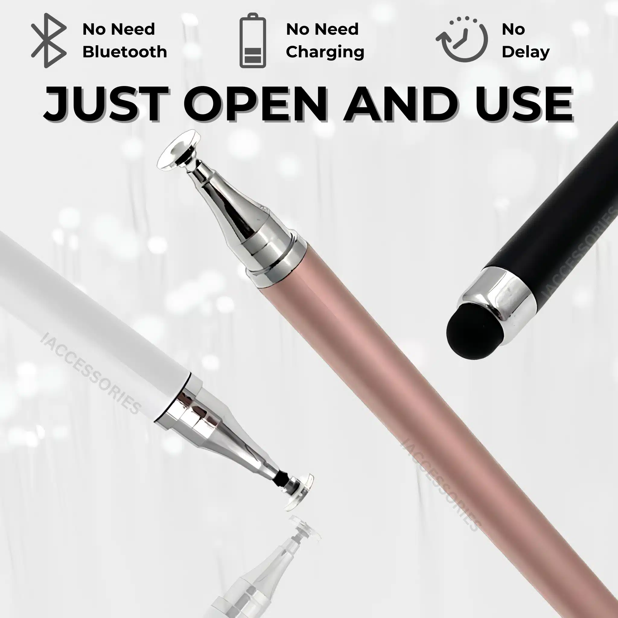 iAccessories Dual-Sided Stylus Pen for All Touch Screens – Compatible with iOS, Android Mobile Phones, Tablets – Pack of 3 (Black, White, Rose Gold)-2