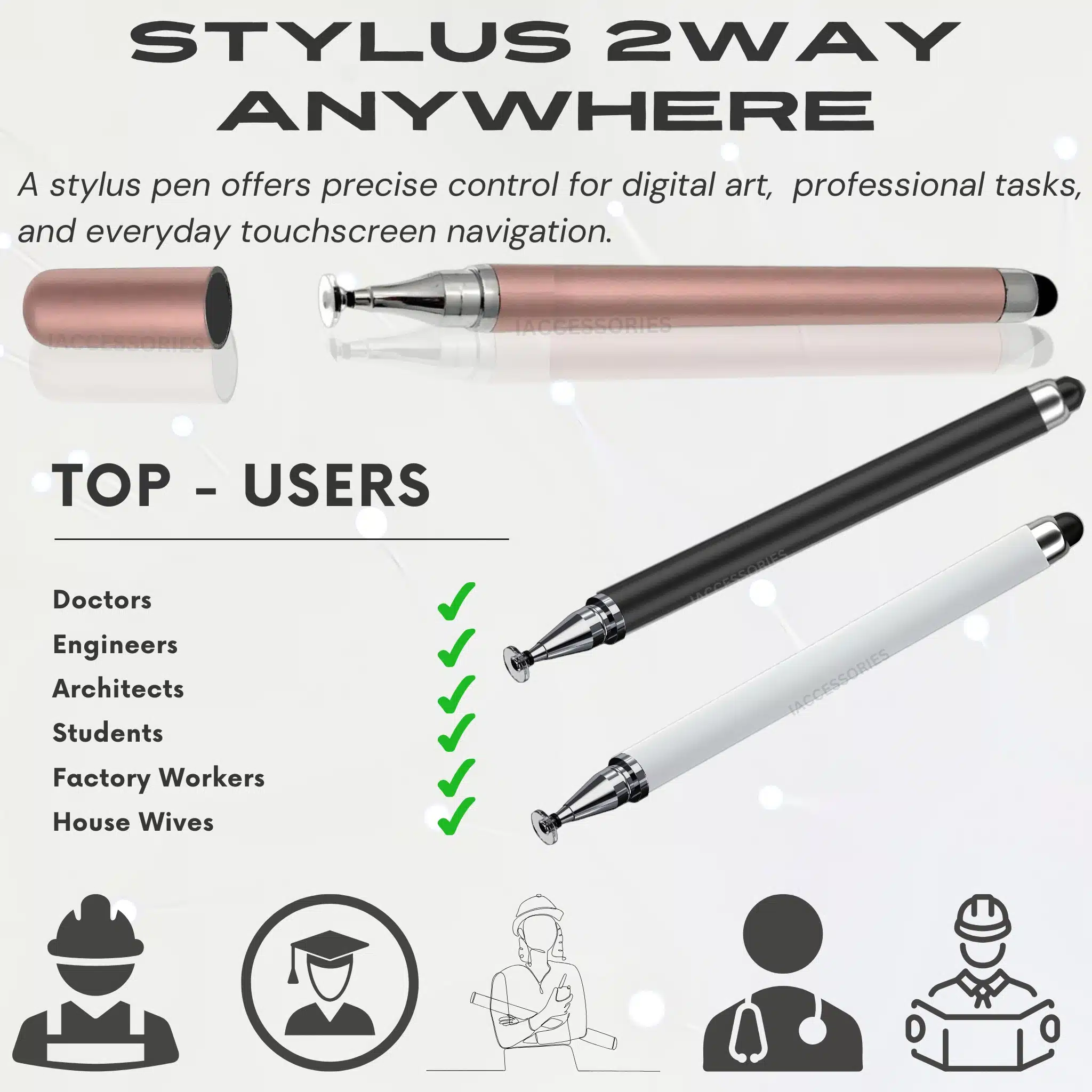 iAccessories Dual-Sided Stylus Pen for All Touch Screens – Compatible with iOS, Android Mobile Phones, Tablets – Pack of 3 (Black, White, Rose Gold)-3