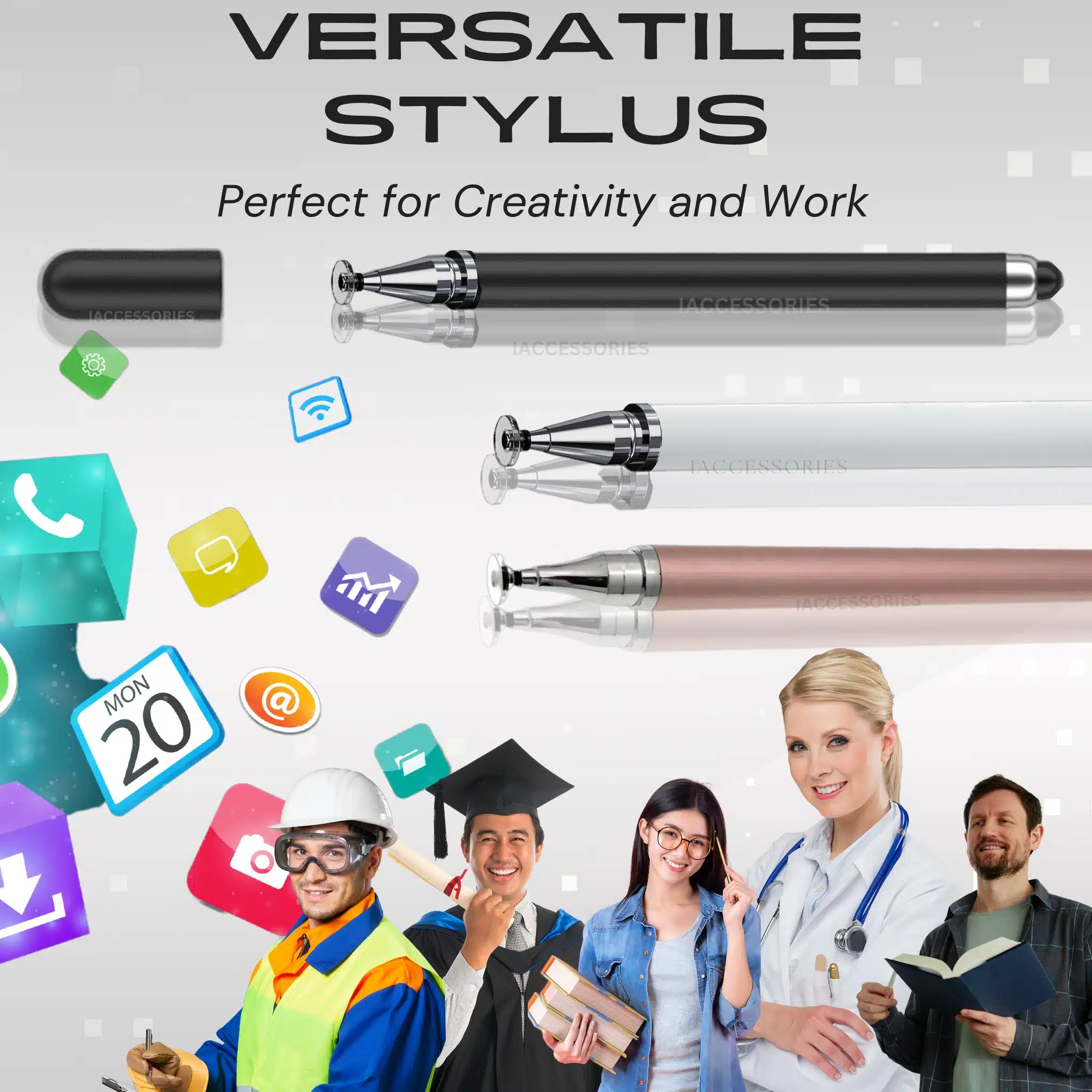 iAccessories Dual-Sided Stylus Pen for All Touch Screens – Compatible with iOS, Android Mobile Phones, Tablets – Pack of 3 (Black, White, Rose Gold)-4