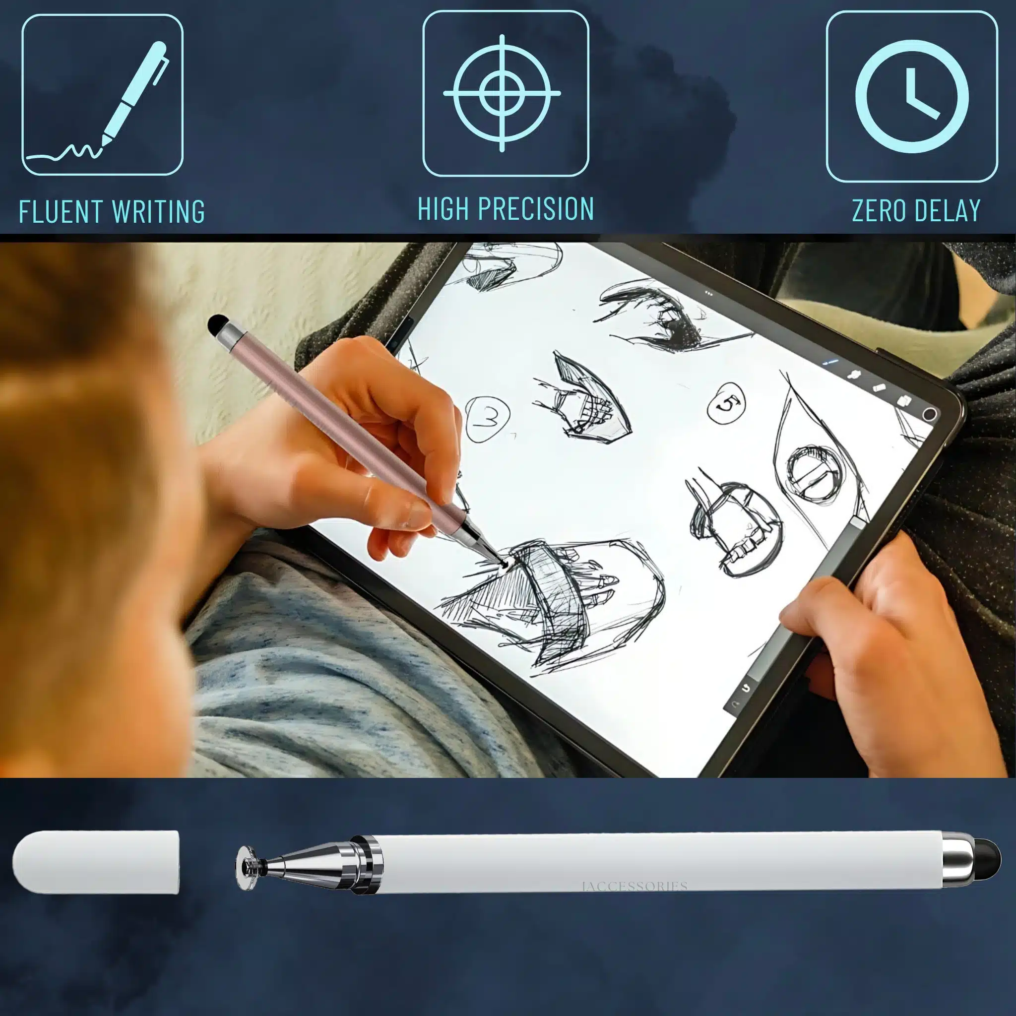 iAccessories Dual-Sided Stylus Pen for All Touch Screens – Compatible with iOS, Android Mobile Phones, Tablets – Pack of 3 (Black, White, Rose Gold)-5