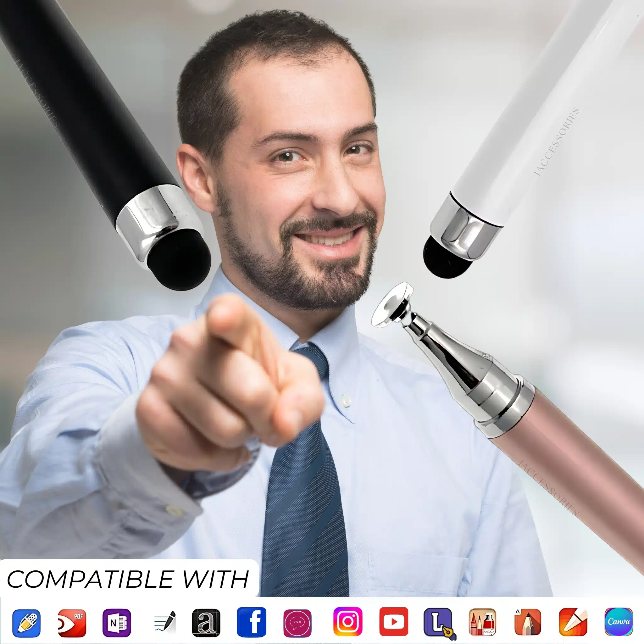 iAccessories Dual-Sided Stylus Pen for All Touch Screens – Compatible with iOS, Android Mobile Phones, Tablets – Pack of 3 (Black, White, Rose Gold)-6